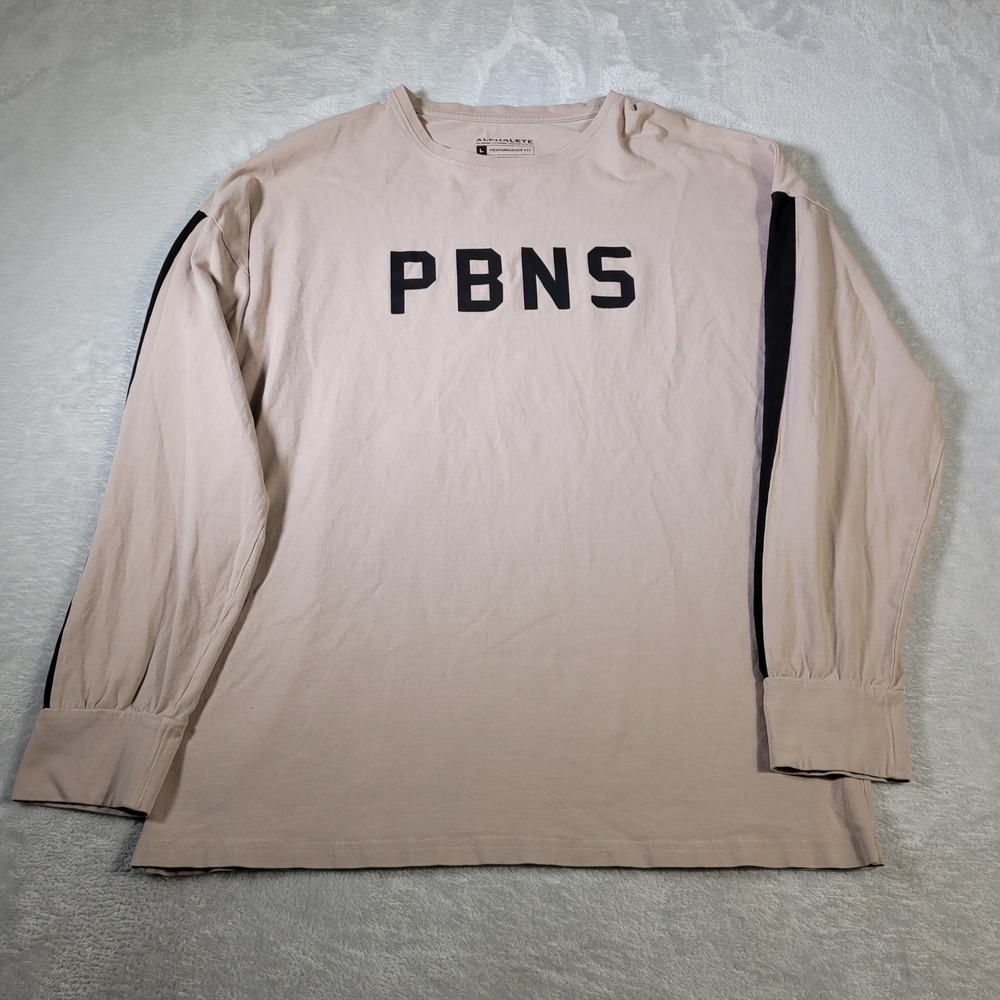 Alphalete Long Sleeve T-Shirt Mens Large Tan PBNS Performance Fit Stripe Sleeves